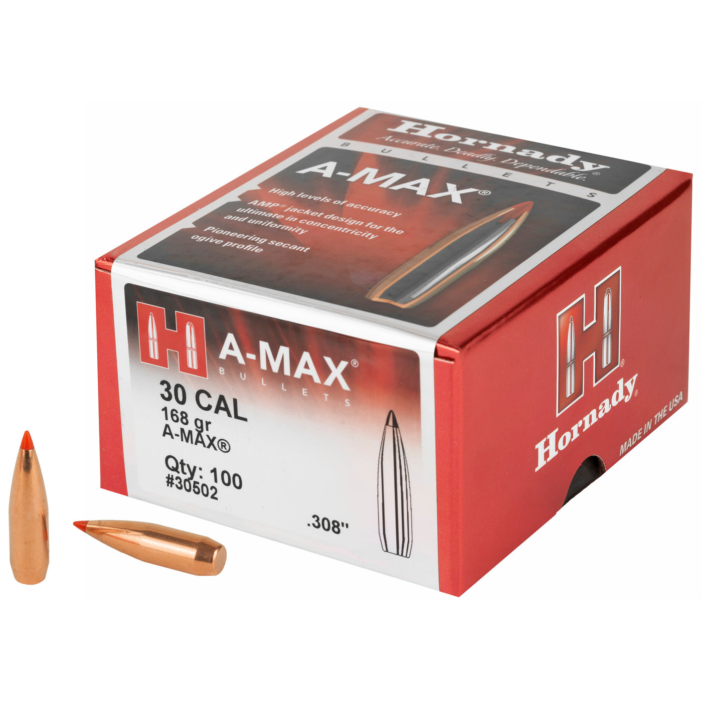 Hornady A-max Match Bullets 30 Cal. .308 168 Gr. A-max Match 100 Box