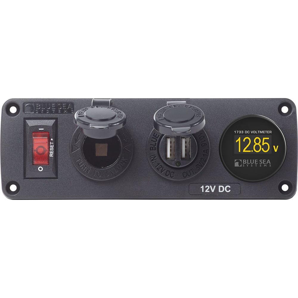 Blue Sea Systems Blue Sea 4356 BelowDeck Panel - 15A Circuit Breaker, 12V Socket, 2.1A Dual USB Charger, Mini Voltmeter Electrical