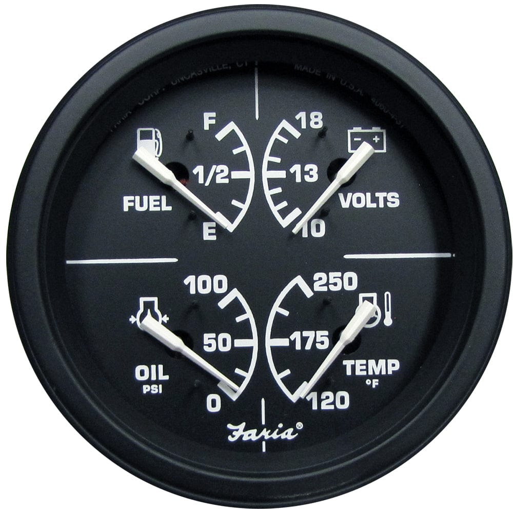 Faria Beede Instruments Faria Heavy-Duty 4" Multifunction [Fuel Level | Oil PSI (100 PSI) | Water Temp (120°-250° F) | Voltmeter (10-16 VDC)] - Black Marine Navigation & Instruments