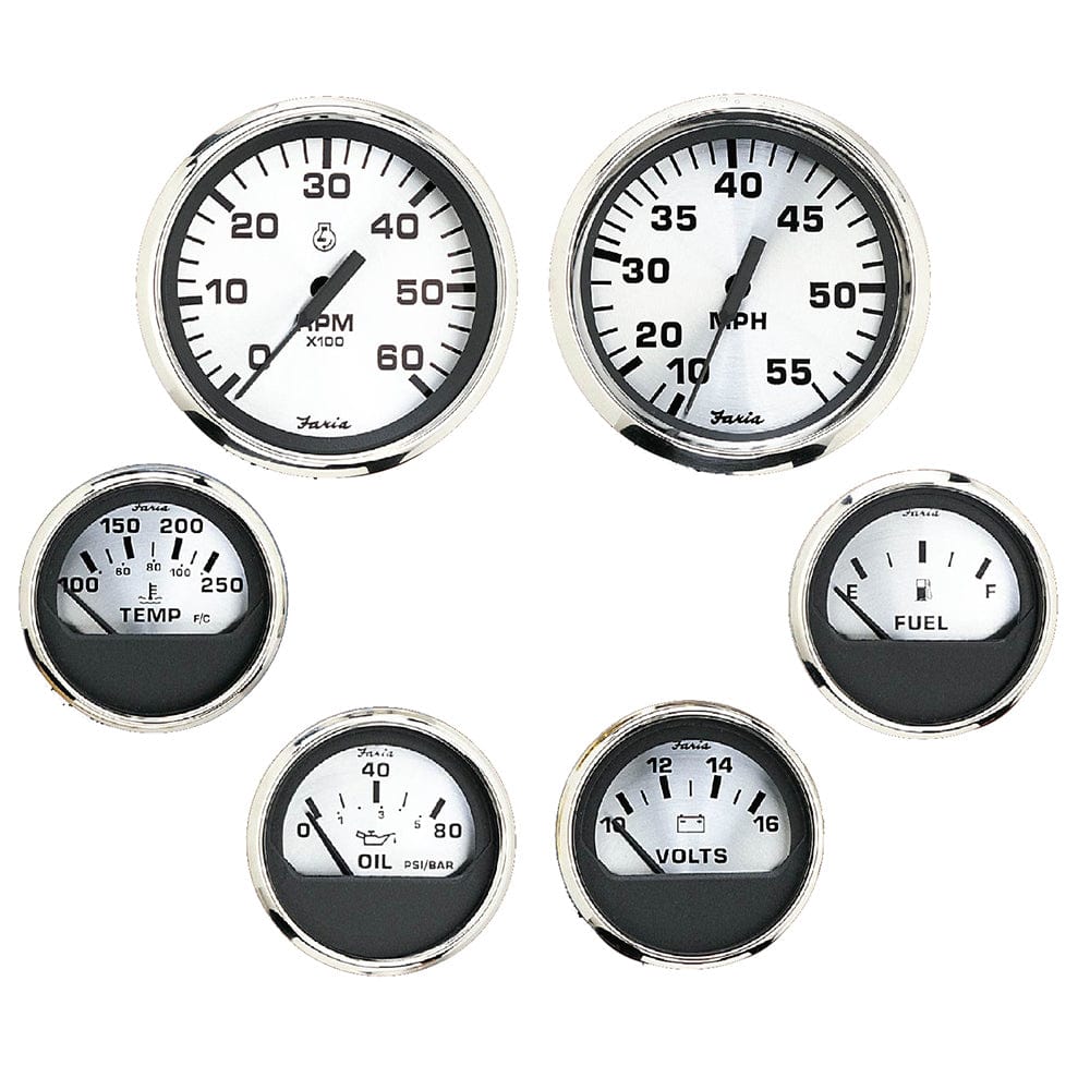 Faria Beede Instruments Faria Spun Silver Box Set of 6 Gauges f/ Inboard Engines - Speed, Tach, Voltmeter, Fuel Level, Water Temperature & Oil Marine Navigation & Instruments