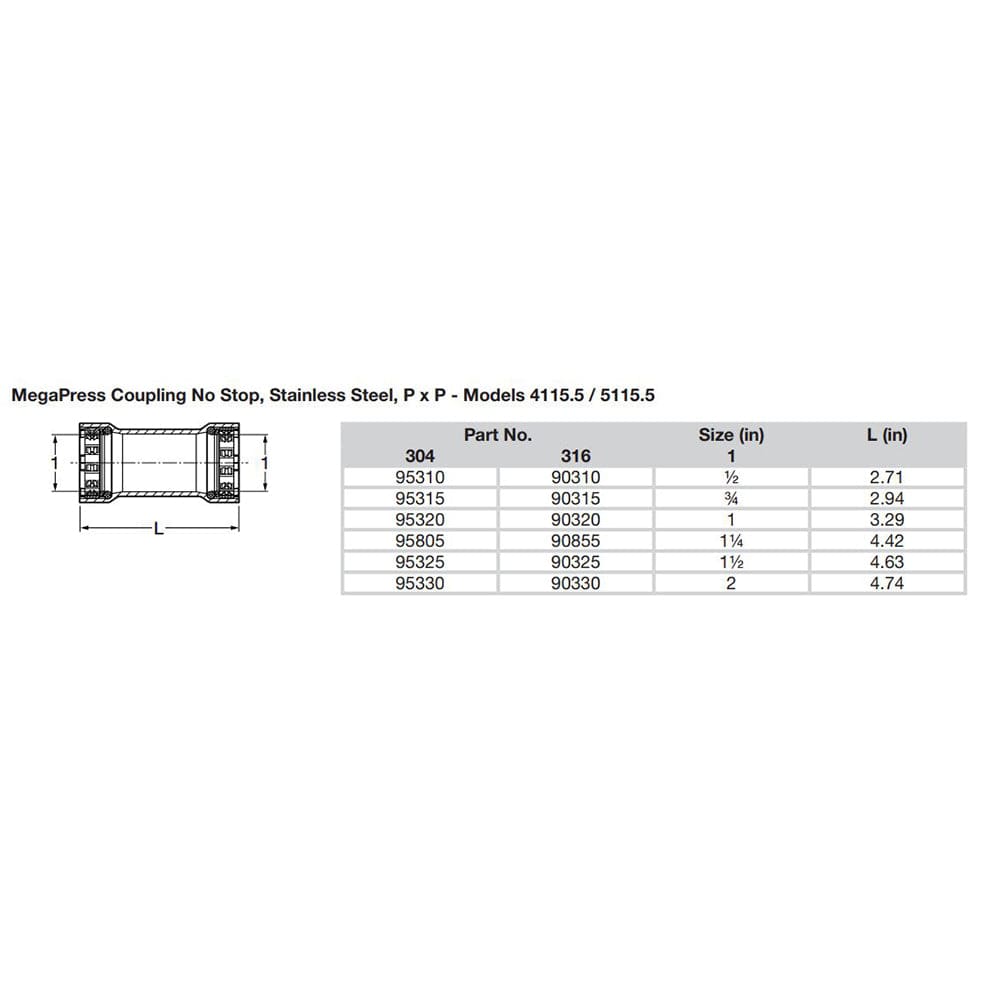 Viega Viega MegaPress 1/2" Stainless Steel 304 Coupling w/o Stop - Double Press Connection - Smart Connect Technology Marine Plumbing & Ventilation